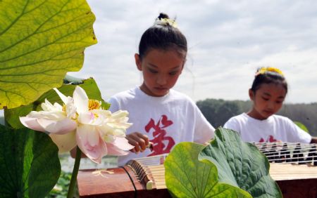 Children play the zheng, a traditional Chinese zither with 25 strings, near a lotus pond in Wujiaqu City, 32 kilometers from Urumqi, capital of northwest China's Xinjiang Uygur Autonomous Region, on Aug. 24, 2009.(Xinhua/Zhao Ge)