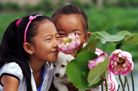 A girl smells a lotus near a lake in Wujiaqu City, 32 kilometers from Urumqi, capital of northwest China's Xinjiang Uygur Autonomous Region, on Aug. 24, 2009. About 130,000 lotuses of more than 30 kinds blossom in a pond of 500 mu (3335 ares) here these days. (Xinhua/Zhao Ge)
