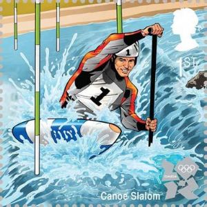 An action-packed illustration of canoe slalom by John Royle.[cctv.com]