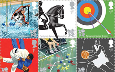First-class stamps which champion the different Olympic and Paralympic sports at the London 2012 Games have been unveiled. Each stamp is designed by a leading artist. The first set of ten stamps go on sale on October 22. Artists are designing images of another 20 sports for stamps that will go on sale in 2010 and 2012.Aquatics is illustrated with an image of a diver by Julian Opie.[cctv.com]