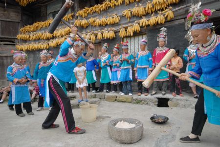 Women of the Miao ethnic group pound glutinous rice for cooking to celebrate the Chixin Festival, or New Grain Tasting Festival, in a village of the Miao ethnic group in Duyu City of southwest China&apos;s Guizhou Province, Aug. 28, 2009.[Xinhua/Qiao Qiming]