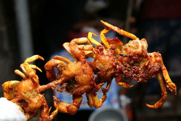 Small crabs from the Tuojang River are fried on a stick with homemade sauces. The crab legs are crisp and spicy, but you must be careful about the sharp ones which can cut your mouth (speaking from personal experience). [Photo: CRIENGLISH.com/Duan Xuelian] 