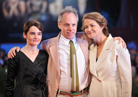 U.S. director of the film 'Life During Wartime' Todd Solondz (C), British actress Charlotte Rampling (R) and Scottish actress Shirley Henderson pose for photographers before the film's screening at the 66th Venice International Film Festival at Venice Lido, on Sept. 3, 2009.