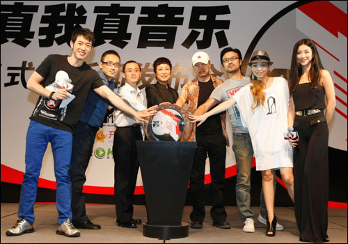 Mei Yan, the chief executive officer of MTV China (4th from Left) and Chinese musicians, including China's 'Father of Rock' Cui Jian (4th from Right), rising pop singer Zhang Liangying (2nd from Right) and veteran singer Wang Feng (3rd from Right) jointly launch an inspirational campaign in China on September 3rd to encourage youngsters to promote true lifestyle and real music.