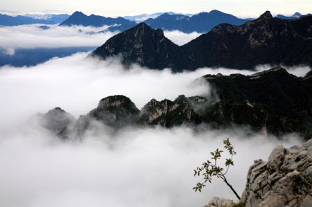 Photo taken on Sept. 6, 2009 shows the spectacular scene of vaporing and rosy cloud sea weltering over the mountain peaks, a rare scenery after the early Autumn rainfall, in the Xizha Village, in the suburb of Huairou District, Beijing. [Bu Xiangdong/Xinhua]