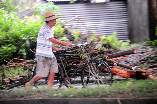 A man clears away the tree branches broken by the gale strewed on a street, in Qionghai City, south China's Hainan Province, on Thursday, Sept. 10, 2009. Tropical storm Mujigae landed in south China's Hainan at around 2:20 a.m. Friday at Longlou Town of Wenchang city, packing up wind at 72 km per hour at the center of Mujigae, which is the 13th tropical storm this year. [Photo: Xinhua]