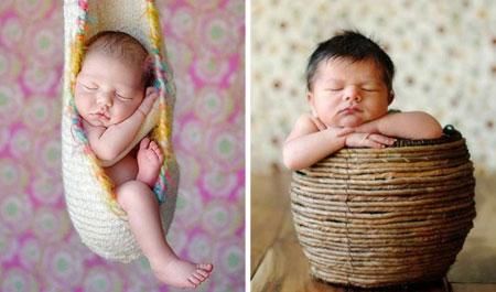 Props like blankets and baskets are used for the photographs, taken when the babies are just weeks old.