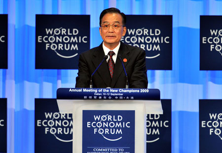Chinese Premier Wen Jiabao addresses the opening plenary of the Annual Meeting of the New Champions 2009, or the Summer Davos, in Dalian, northeast China's Liaoning Province, Sept. 10, 2009.