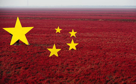 Giant national flag on the red beach