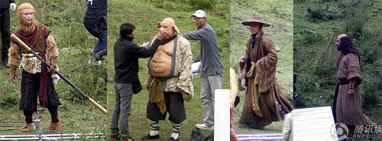 The four leading roles (from left to right) Monkey King , Zhu Wuneng, Xuan Zang and Sha Wujing on the filming set of TV drama 'Journey to The West'.