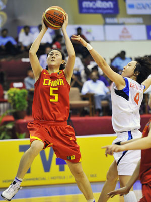 China's Bian Lan(L) goes up for a shoot during a Group A match against South Korea at the 23rd Asian Women's Basketball Championships in Chennai, India, on Sept. 22, 2009.(Xinhua/Wang Ye)