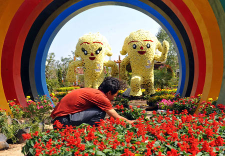 A worker arranges flowers at the Hong Kong Garden of the Seventh China Flowers Expo in Beijing, China, Sept. 23, 2009. Over 1,300 companies will participate in the Seventh China Flowers Expo that opens on Sept. 26.(Xinhua/Luo Xiaoguang) 