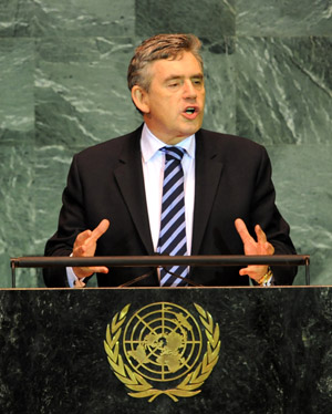 Britain's Prime Minister Gordon Brown addresses the 64th United Nations General Assembly, at the UN headquarters in New York, Sept. 23, 2009. (Xinhua/Shen Hong)