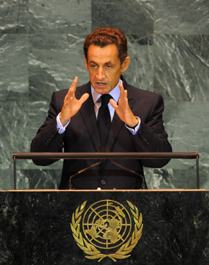 French President Nicolas Sarkozy addresses the 64th United Nations General Assembly at the UN headquarters in New York, Sept. 23, 2009. (Xinhua/Shen Hong)