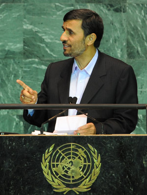 Iranian President Mahmoud Ahmadinejad speaks during the general debate of the 64th session of the UN General Assembly at the UN headquarters in New York, the United States, Sept. 23, 2009.(Xinhua/Shen Hong)