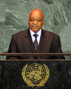 South African President Jacob Zuma speaks during the general debate of the 64th session of the UN General Assembly at the UN headquarters in New York, the United States, Sept. 23, 2009. (Xinhua/Shen Hong)