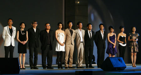 Leading cast members of the latest much-hyped espionage film 'The Message' turn up at its publicity ceremony, in Tianjin, north China, Sept 22, 2009. The film, distinguished itself in a galaxy of movie stars, is set for nationwide premiere as of September 30.