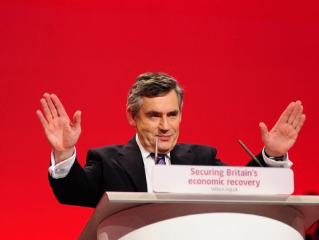 British Prime Minister Gordon Brown delivers a speech at the annual Labour Party Conference in Brighton, Britain, on September 29, 2009. Brown delivered a speech here on Tuesday addressing the interior and foreign policies of the Labour government in an attempt to reverse the difficult situation in polls and the local elections in June. The United Kingdom's ruling Labour Party are holding their five-day autumn conference in Brighton from Sept 27 to Oct. 1 to prepare for the general election in 2010.
