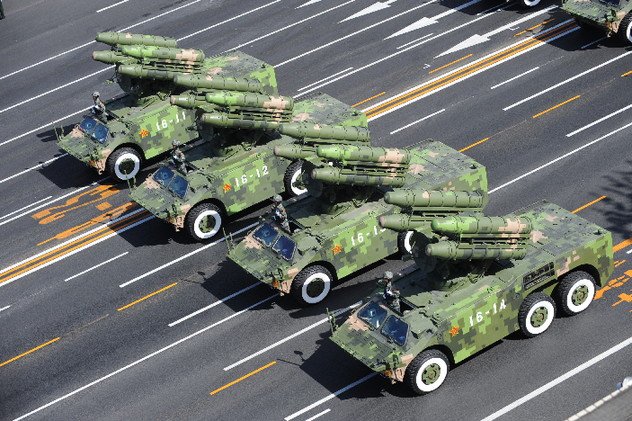 Anti-aircraft missiles are displayed in a parade of the celebrations for the 60th anniversary of the founding of the People's Republic of China, on Chang'an Street in central Beijing, capital of China, Oct. 1, 2009.