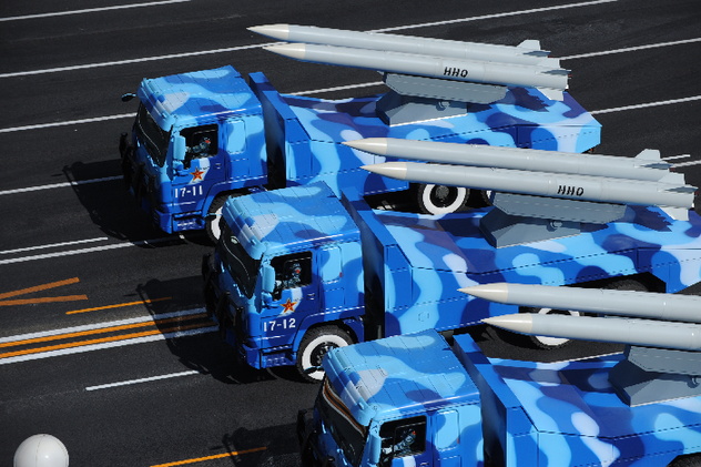 Navy's ship-launch missiles are displayed in a parade of the celebrations for the 60th anniversary of the founding of the People's Republic of China, on Chang'an Street in central Beijing, capital of China, Oct. 1, 2009.