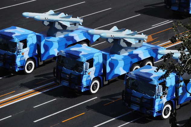 Navy's ship-to-ship missiles are displayed in a parade of the celebrations for the 60th anniversary of the founding of the People's Republic of China, on Chang'an Street in central Beijing, capital of China, Oct. 1, 2009.