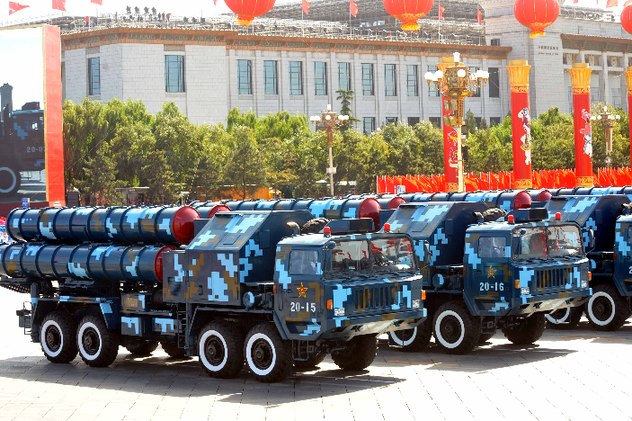 Chinese H9 surface-to-air missiles are displayed in a parade of the celebrations for the 60th anniversary of the founding of the People's Republic of China, on Chang'an Street in central Beijing, capital of China, Oct. 1, 2009. 