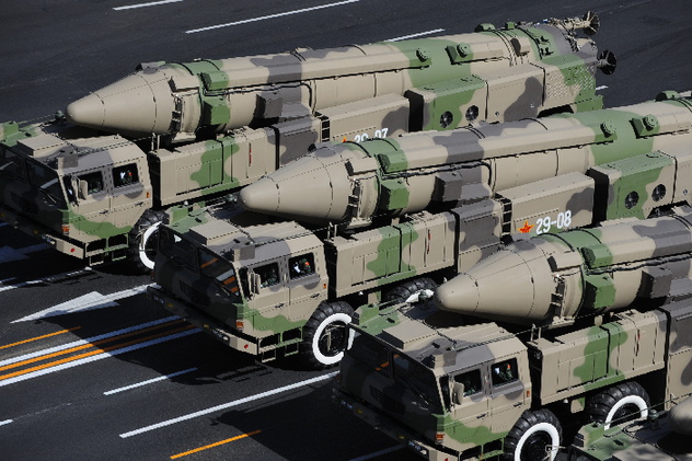 Medium ranged tactical missiles are displayed in a parade of the celebrations for the 60th anniversary of the founding of the People's Republic of China, on Chang'an Street in central Beijing, capital of China, Oct. 1, 2009.