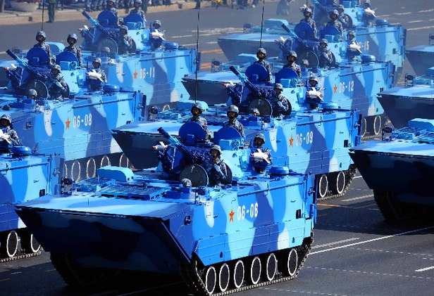 Chinese Marine's amphibian amored vehicles pass through Tian'anmen during the Military Parade on October 1, 2009.