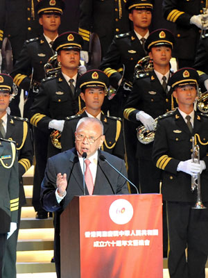Tung Chee-hwa (Front), vice chairman of the National Committee of the Chinese People's Political Consultative Conference, addresses an evening gala celebrating the 60th anniversary of the founding of the People's Republic of China, in Hong Kong, south China, Oct. 2, 2009.