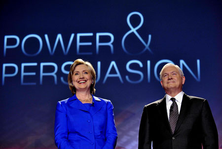 U.S. Secretary of State Hillary Clinton (L) and Secretary of Defense Robert Gates arrive at a discussion on American Power and Persuasion at the the George Washington University in Washington October 5, 2009.