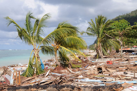 Photo taken on Oct. 3, 2009 shows the beach after being hit by the tsunami on Upolu Island of Samoa. An 8.0 magnitude earthquake and tsunami hit Samoa last week caused severe impact to the country's tourism industry as many tourist destinations and facilities were destroyed. (Xinhua/Huang Xingwei)