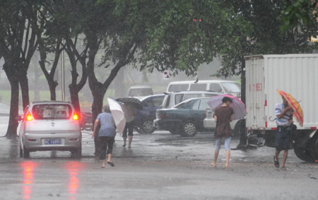 Local citizens with umbrellas in hands trudge ahead against gale and downpour in Qionghai City, as the forefront of tropical storm Parma starts to affect south China's Hainan Province, Oct. 12, 2009.[Meng Zhongde/Xinhua] 