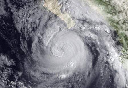 Hurricane Jimena is pictured west of the Baja Peninsula in the eastern Pacific Ocean, in this satellite photograph taken on September 1, 2009 and released on September 2.[Agencies]