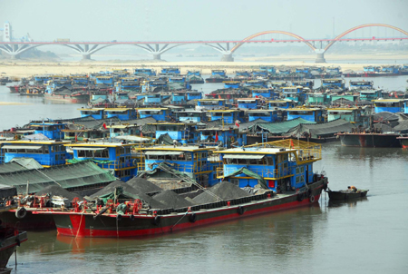 Ships are seen stranded at a section of Bei Jiang (North River) in Qingyuan, in south China's Guangdong province, October 15, 2009. The local government has organized an emergency management team to ensure the safety of 250 ships stranded due to the low water level amid continuous drought, Xinhua reported.[Xinhua] 