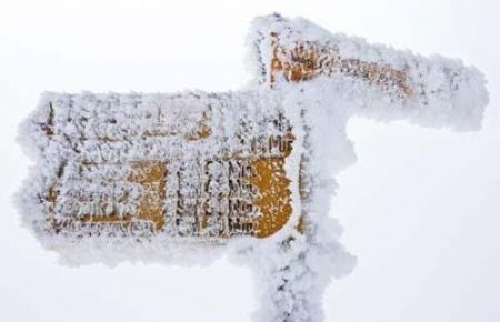 A sign post is covered with ice and snow on the Saentis mountain at 2,502 metres above sea level, in Switzerland.[CCTV]