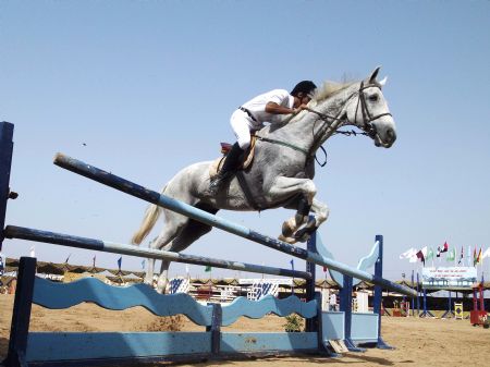 An Egyptian horseman takes a jump with his horse during the El-Sharkia 18th Arab Horse Festival in the Egyptian town of Belbies, 100 km north of Cairo, Oct. 17, 2009.[Xinhua]