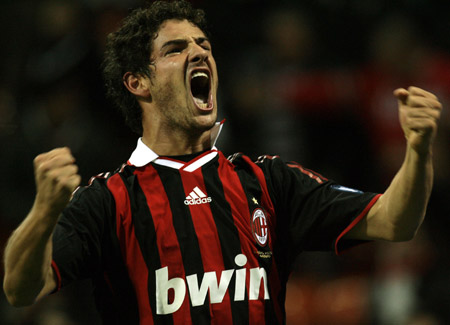 AC Milan's Pato celebrates after scoring a goal against AS Roma during their Italian Serie A soccer match at the San Siro stadium in Milan October 18, 2009. [Xinhua/Reuters]