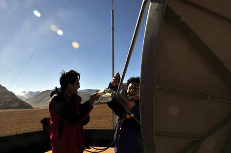 A technician debugs devices at the unmanned earthquake monitor in Tingri County, southwest China's Tibet Autonomous Region, Oct. 17, 2009. [Yan Yuanyuan/Xinhua]