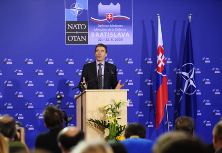 NATO Secretary General Anders Fogh Rasmussen addresses a press conference in Bratislava, capital of Slovakia, Oct. 23, 2009. NATO defense ministers gave broad support on Friday to the United States revised plans for a missile defense shield in Europe during the Informal Meeting of Nato Defense Ministers held from Oct. 22 to 23 in Bratislava. [Zeng Yi/Xinhua]