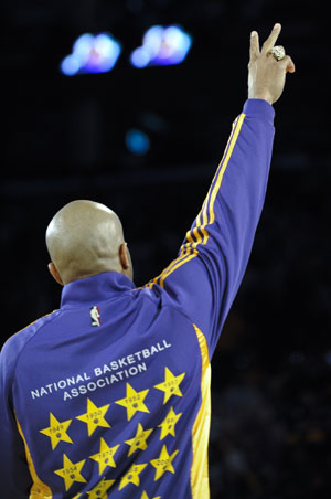 Fisher of Los Angeles Lakers reacts during a ceremony before Lakers' season opening basketball game against Los Angeles Clippers at Staples Center, Los Angeles, Oct. 27, 2009. Lakers won 99-92. (Xinhua/Qi Heng)