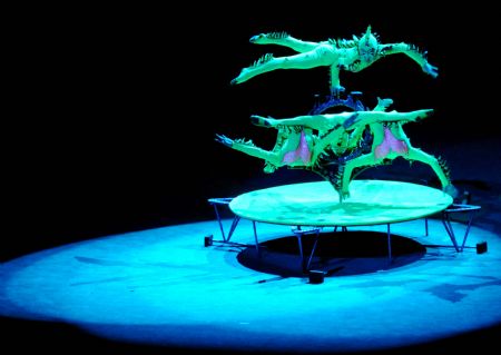 Acrobats with the Mongolian National Circus perform at the 12th China Wuqiao International Circus Festival in Shijiazhuang, capital of north China's Hebei Province, Nov. 2, 2009.(Xinhua/Gong Zhihong)