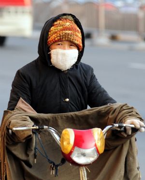 A woman wearing a facial mask and cold weather clothing makes her way in a street of Zhengzhou, capital of central China's Henan Province, Nov. 2, 2009. (Xinhua/Wang Song)