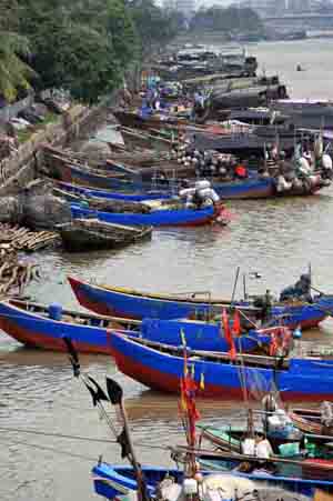 Fishing boats moor at a dock in Haikou, capital of south China's Hainan Province, Nov. 2, 2009. The first cold wave of this year hits south China's Hainan Province on Sunday, according to Hainan Provincial Observatory. Meanwhile, the 21st tropical storm 'Mirinae' is approaching Hainan from the southwest. [Guo Cheng/Xinhua]