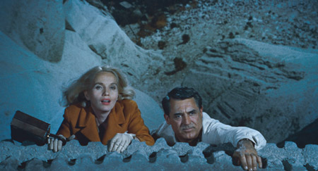 Actors Eva Marie Saint (L) and Cary Grant are shown in a scene from director Alfred Hitchcock