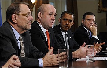 President Barack Obama, second from right, listens as Swedish Prime Minister Fredrik Reinfeldt, second from left, speaks during a meeting in the Cabinet Room of the White House in Washington, Tuesday, Nov. 3, 2009. European High Council High Representative Javier Solana is at left, and European Commission President Jose Manuel Barroso is at right. (AP Photo/Susan Walsh)
