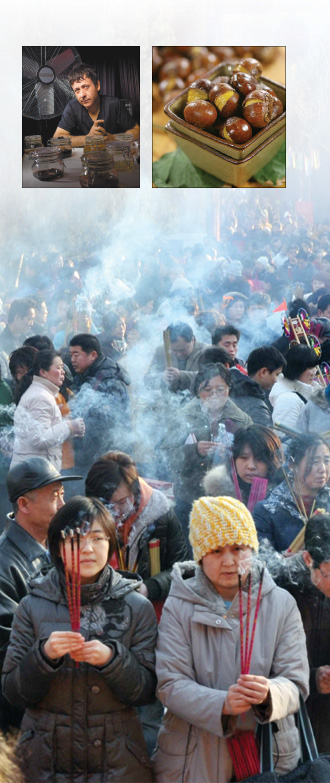 Clockwise from far left: Eric Berghammer, Cargo Club's 'AJ', produces various aromas. Fried chestnut with sugar is a classic favorite in Beijing through the winter, spreading its wonderful fragrance in the air.Yonghegong Lama Temple is full of the rich and thick scent of Tibetan incense, composed of sandalwood and sapan wood. [China Daily]