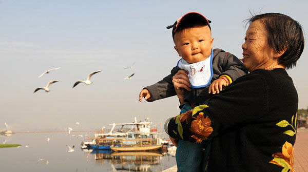 A woman watches the black-heaed gulls with her grandson at the Dianchi Lake in Kunming, Yunnan province on November 5, 2009. [Xinhuanet] 