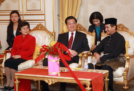 Chinese President Hu Jintao (C, front) meets with Malaysian Supreme Head of State Mizan Abidin (R, front) in Kuala Lumpur, Malaysia, Nov. 10, 2009. [Xinhua]