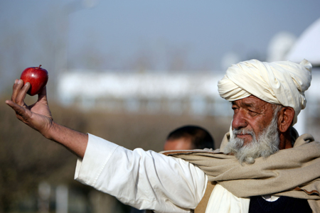 A businessman shows an apple to media during a ceremony held at Kabul International Airport, in Kabul, capital of Afghanistan, Nov. 12, 2009. Afghanistan began the first air shipment of apples to the Indian market under the brand of &apos;Silk Route Products&apos; on Thursday. Afghanistan exports apple, grape, melon, pomegranate and dry fruits to India and Arab world. [Zabi Tamanna/Xinhua]