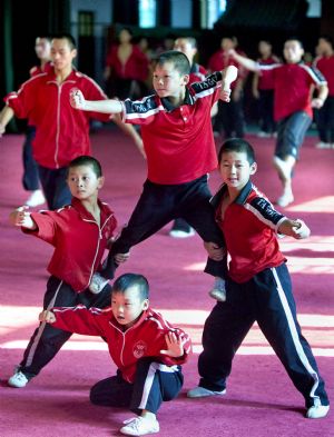 He Minxian (C), a 9-year-old kid, and his classmate rehearse for a Kung Fu performance in the Shaolin Tagou Kung Fu (Martial Art) Institute at the foot of Mountain Song in Dengfeng, a city of central China&apos;s Henan Province, Oct. 12, 2009.[Wang Song/Xinhua]